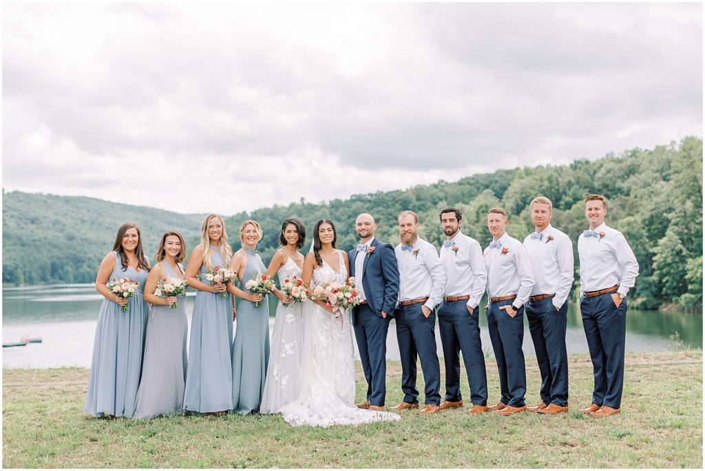Virginia Wedding, lakeside, Bridal party by lake in blue attire