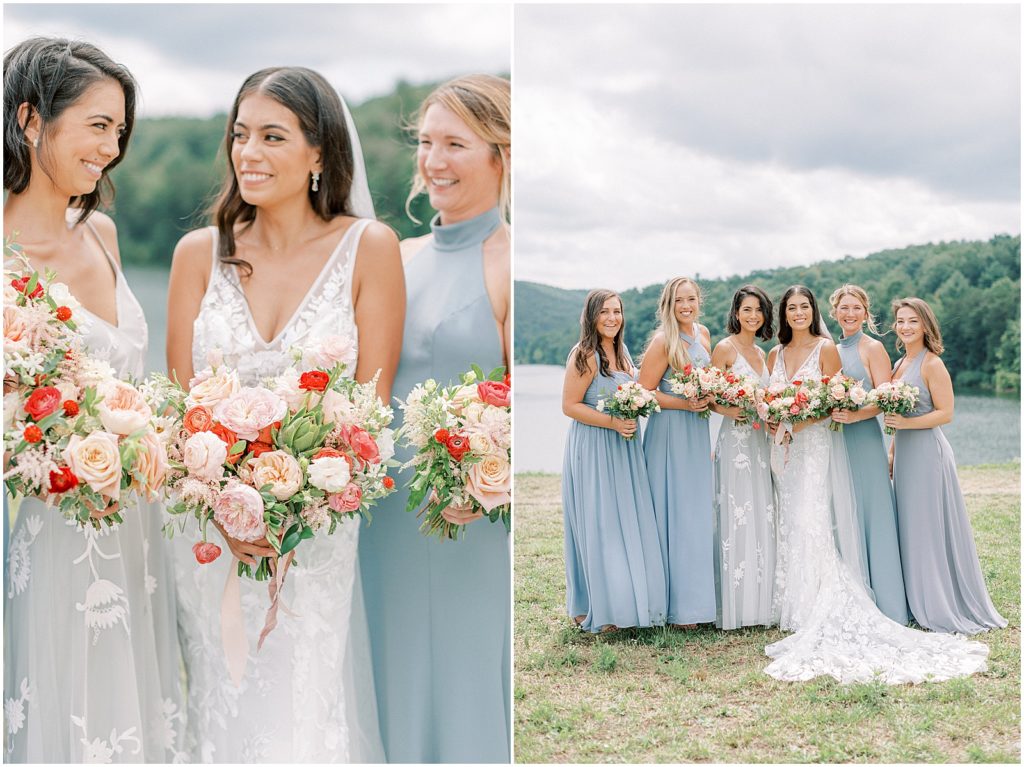Virginia Wedding bridesmaids in blue dresses smiling