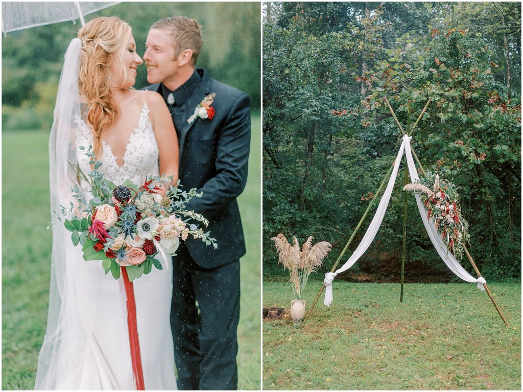 Bride and Groom snuggling in the rain with beautiful florals. Boho floral arbor in the rain by the river