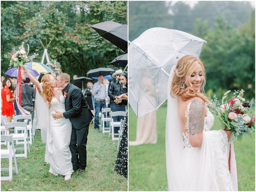 Bride and Groom kissing in the rain on their wedding day. Bride under umbrella in the rain with bouquet. 