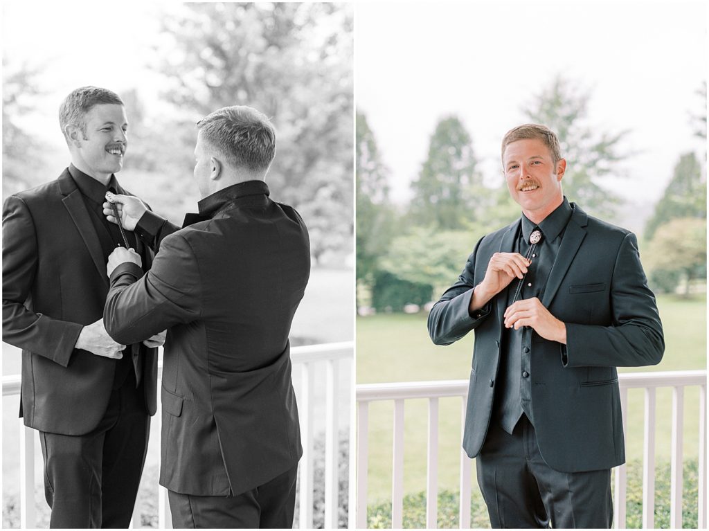 Groom and best man getting ready on wedding day