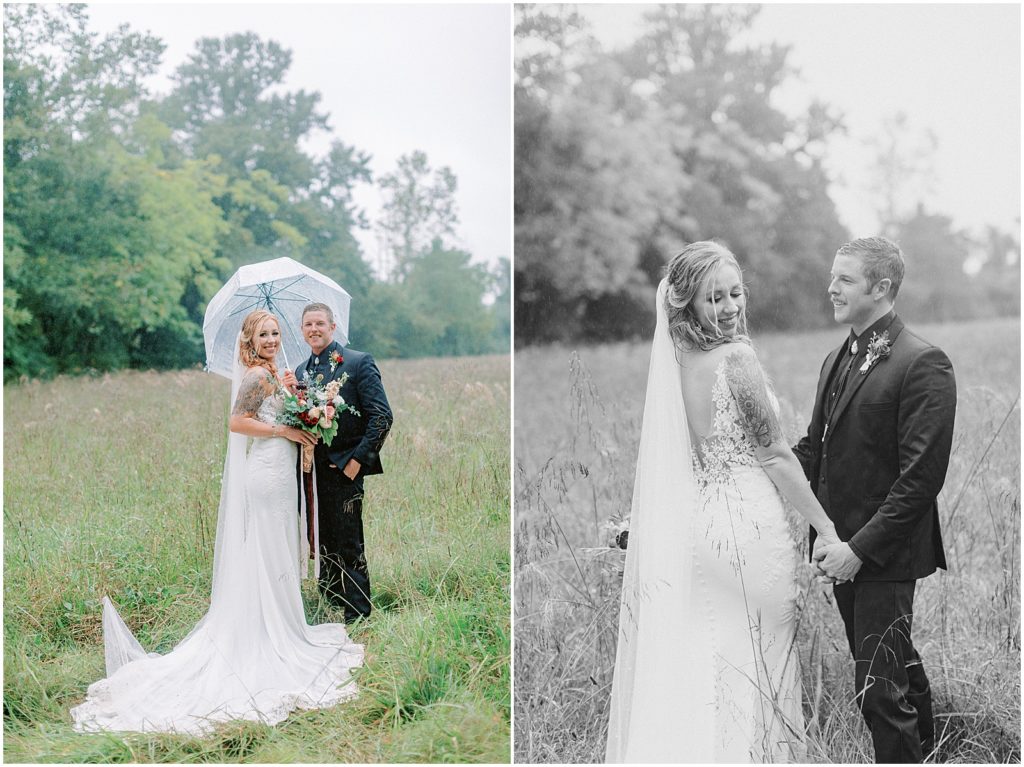 Rainy Virginia wedding bride and groom in a field