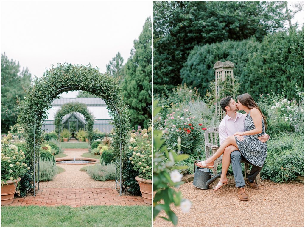 Garden arbor, couple kissing in the garden during engagement session 
