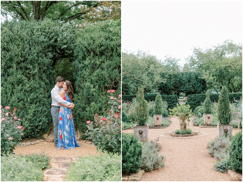 Garden landscape, couple snuggling by a garden hedge during engagement session