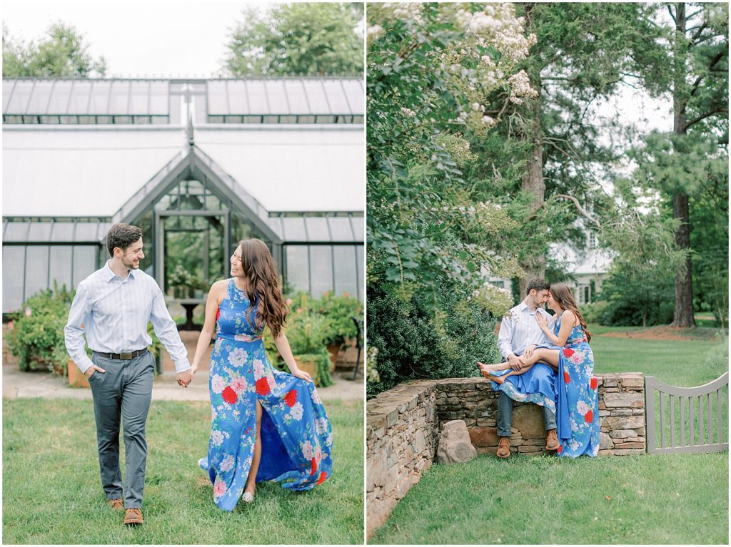 couple in a garden during engagement session walking