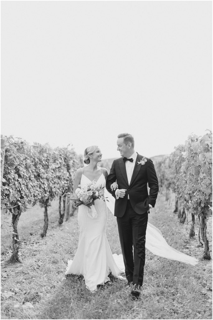 Veritas Vineyard Wedding bride and groom portraits in vines