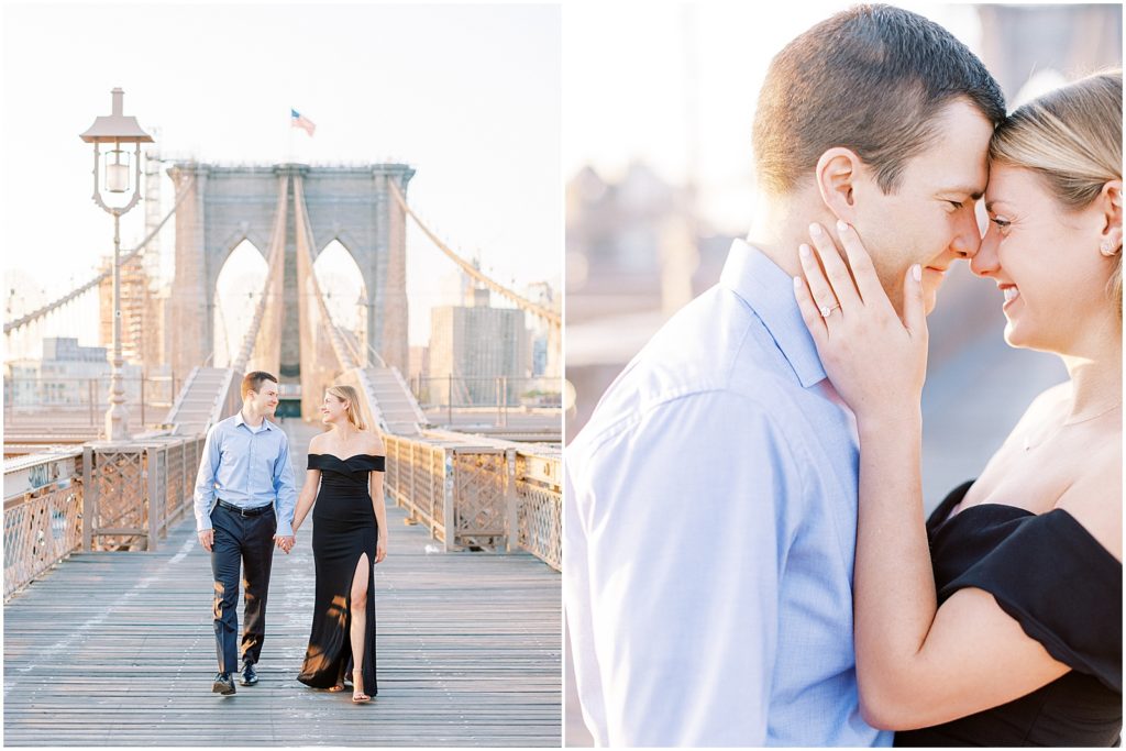 New York City Engagement Session Couple walking on the Brooklyn Bridge