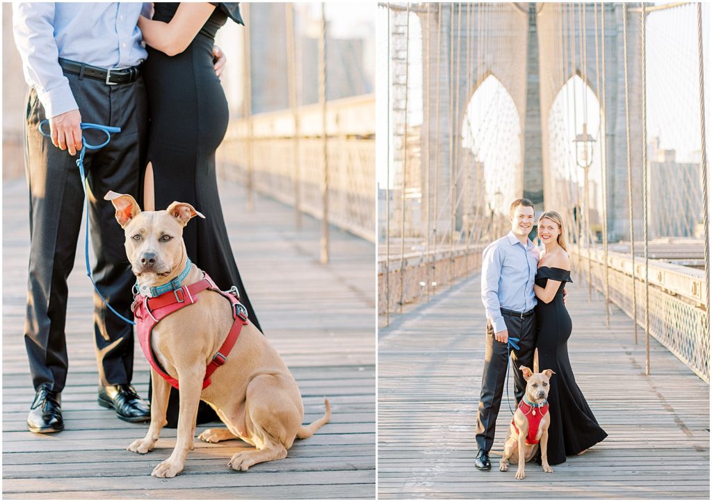 New York City Engagement Session Couple with dog on the Brooklyn Bridge