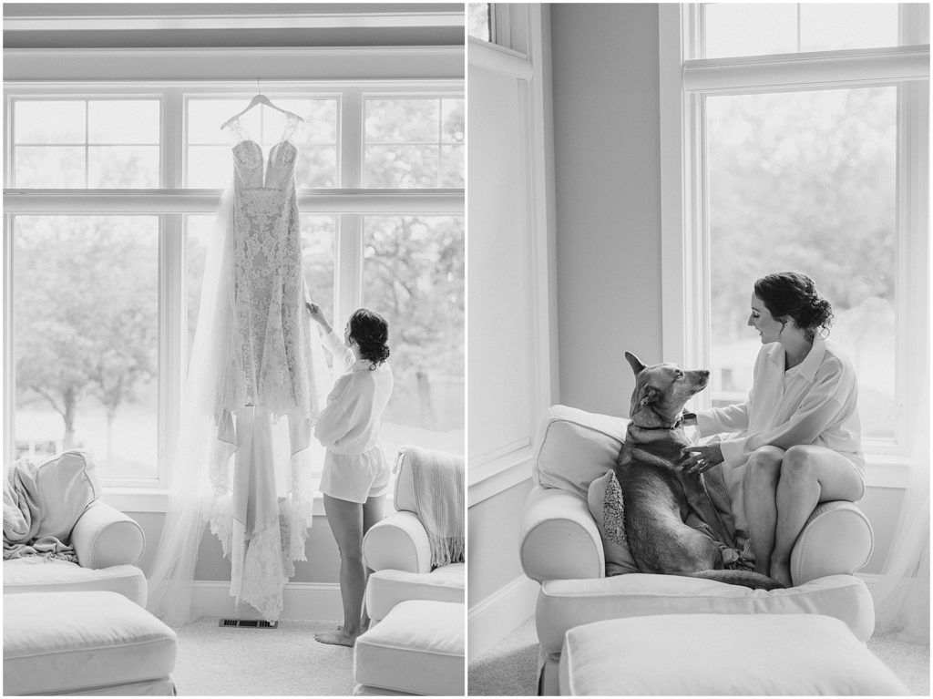 Bride and her dog on wedding day
