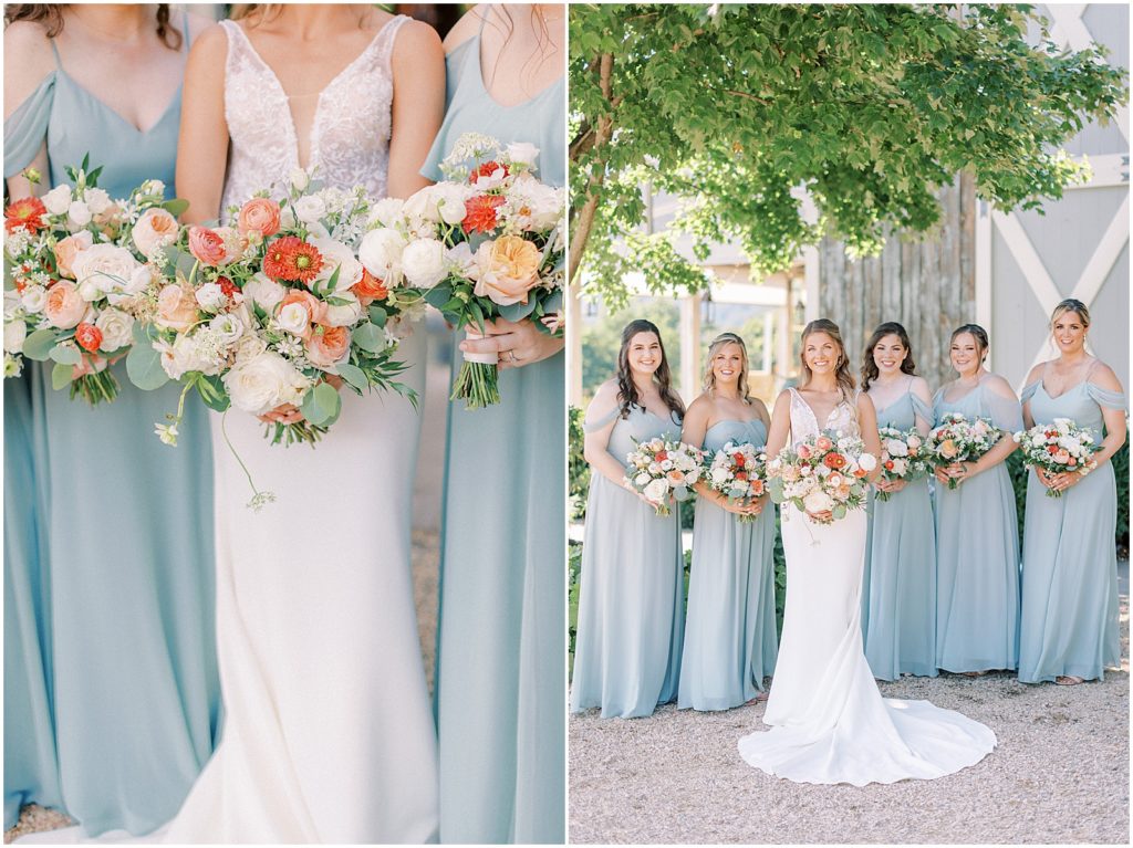 Bridesmaids in blue dresses at Pippin Hill Farm Wedding in Charlottesville Virgnia
