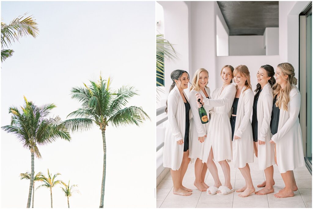 Palm Trees. Bride and Bridesmaids popping champagne. 